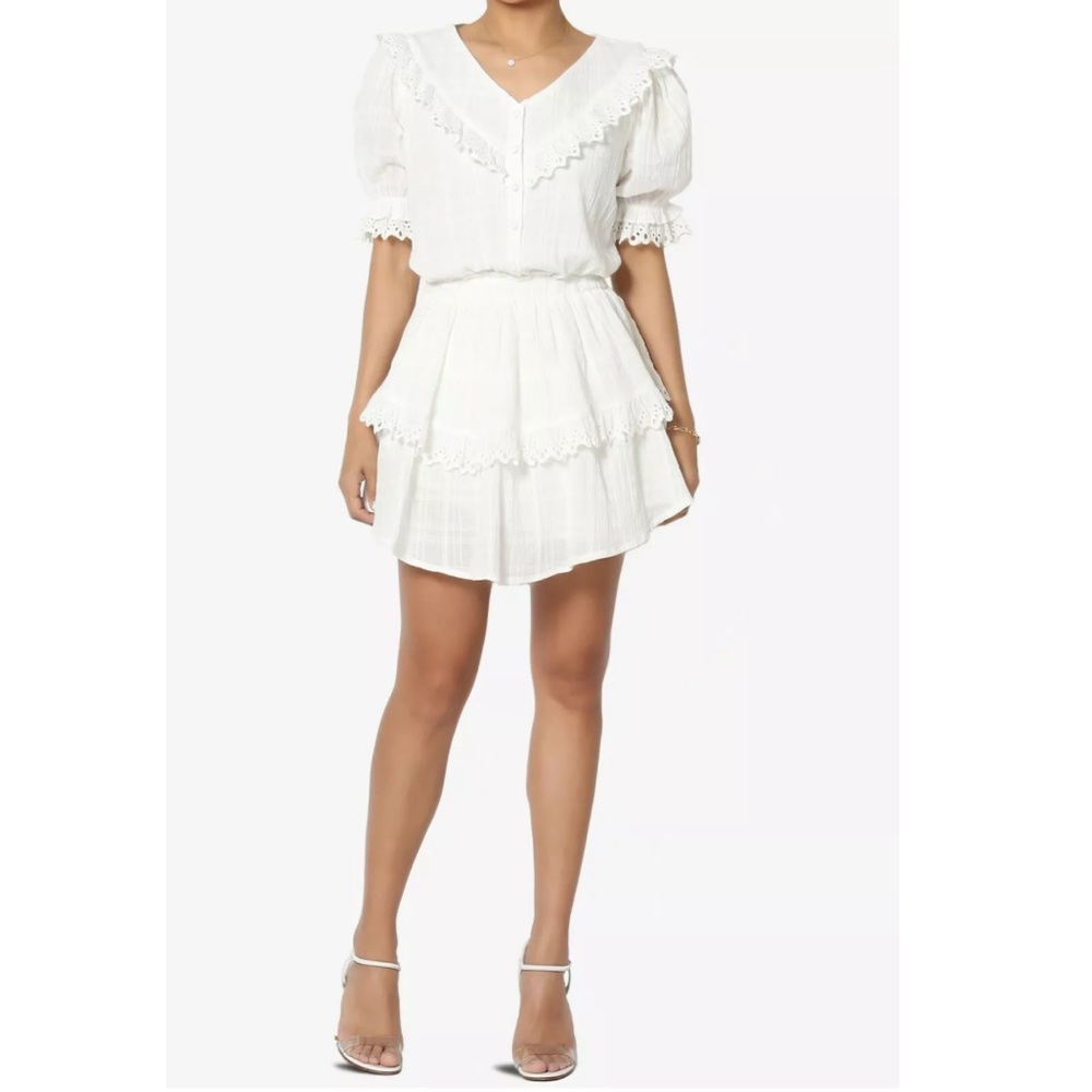 JUST ME ROMANTIC COTTAGE WHITE RUFFLE TIERED LOVESHACK MINI DRESS - Picture 4 of 9